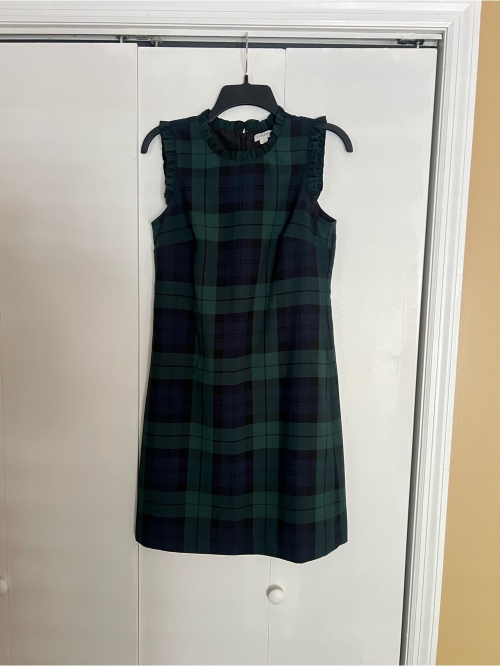 J. Crew Green and Navy Plaid Ruffle-Neck Mini Dress